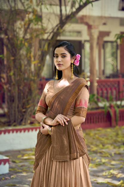 Beige & Brown South Indian Poly Dyeable Half Saree Lehenga Choli Set