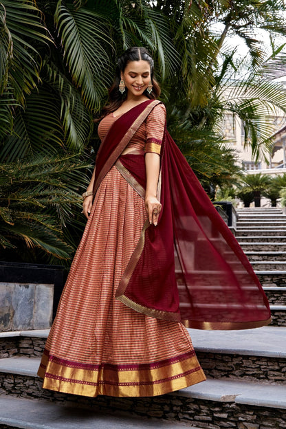 Maroon Kanchi Cotton South Indian Half Saree Lehenga Choli Set