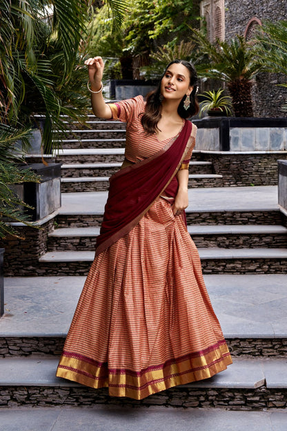 Maroon Kanchi Cotton South Indian Half Saree Lehenga Choli Set