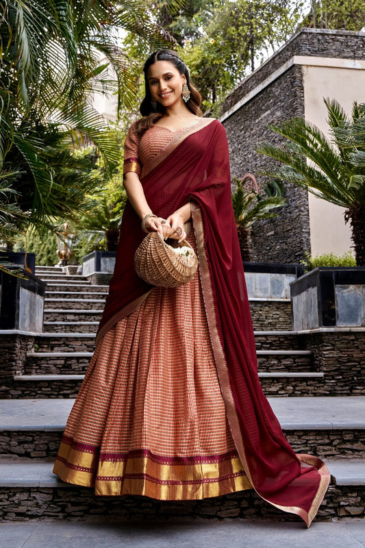 Maroon Kanchi Cotton South Indian Half Saree Lehenga Choli Set