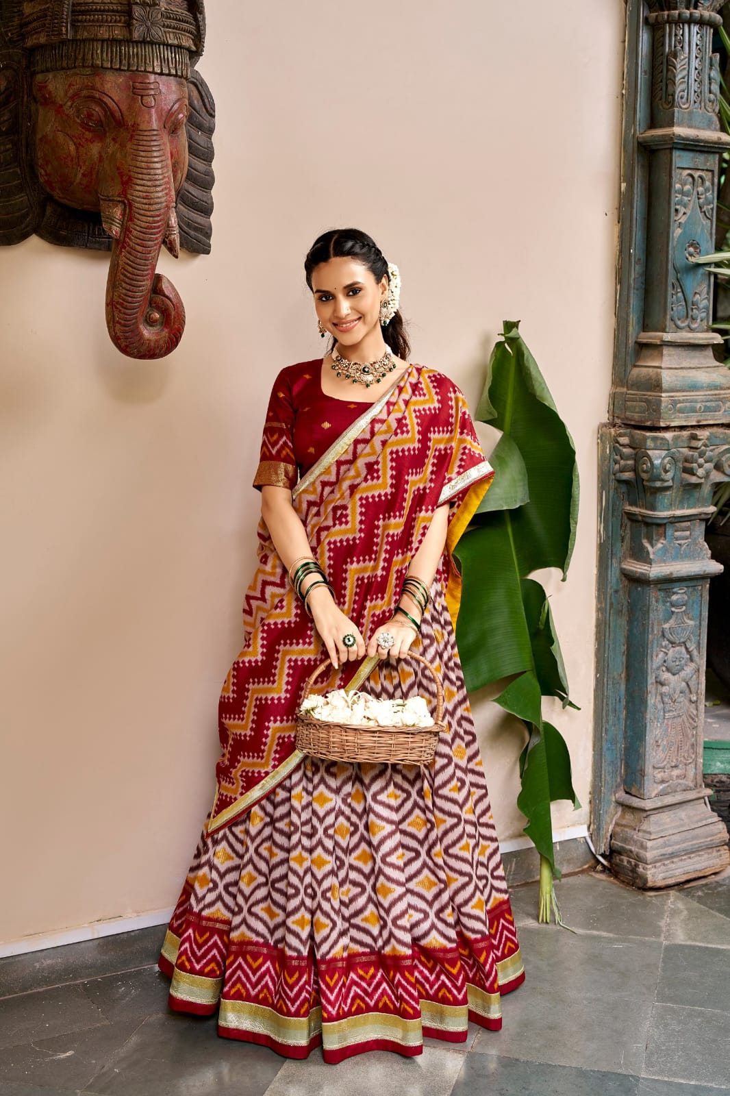 Maroon Tasar Silk Patola Foil Print South Indian Half Saree Lehenga Choli Set