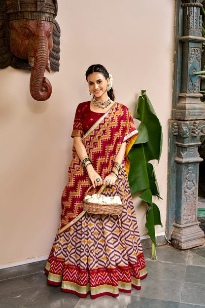 Maroon Tasar Silk Patola Foil Print South Indian Half Saree Lehenga Choli Set