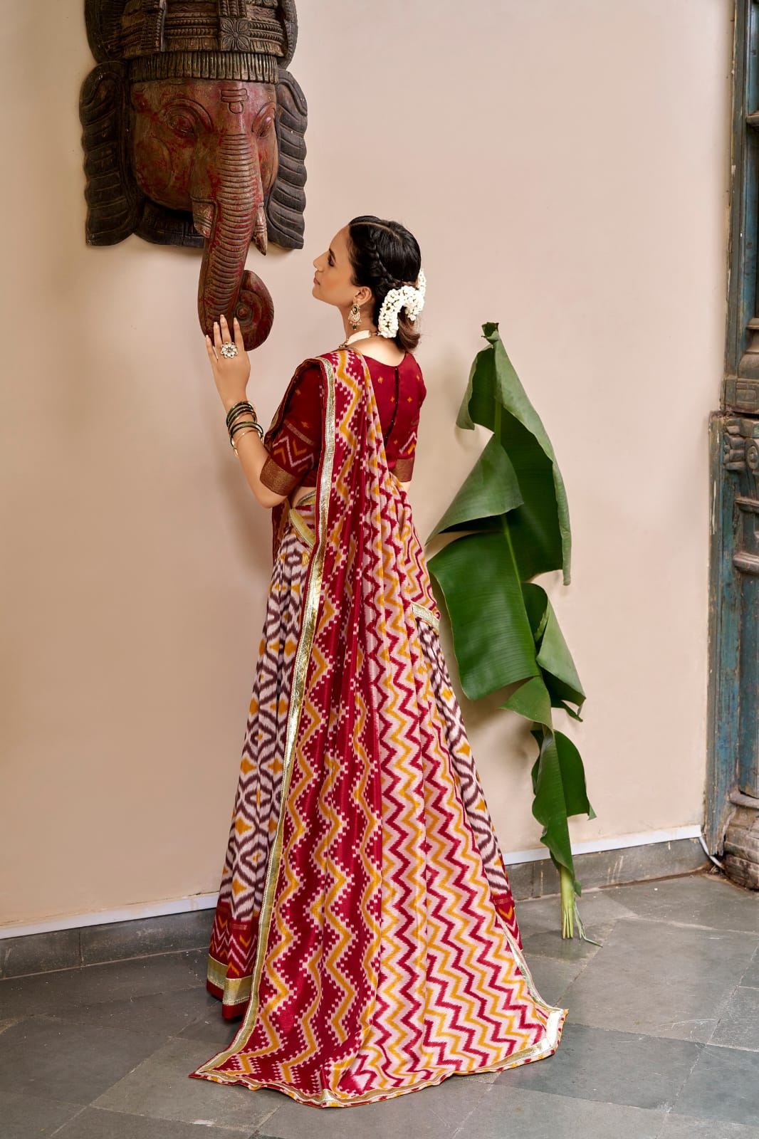 Maroon Tasar Silk Patola Foil Print South Indian Half Saree Lehenga Choli Set