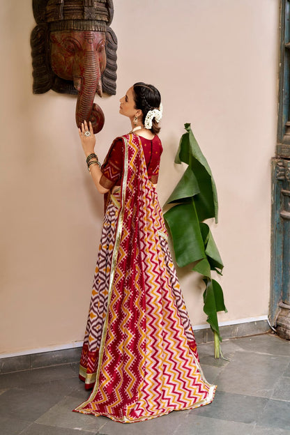 Maroon Tasar Silk Patola Foil Print South Indian Half Saree Lehenga Choli Set