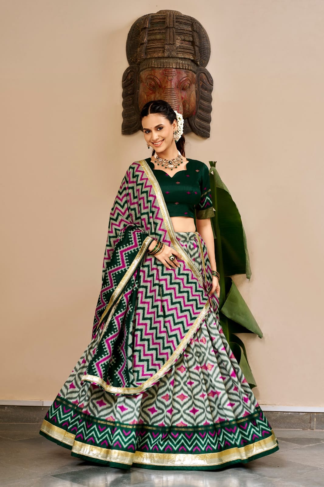 Bottle Green Tasar Silk Patola Foil Print South Indian Half Saree Set