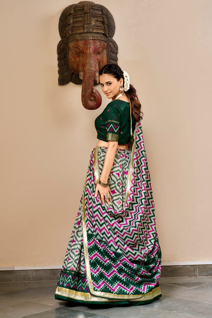 Bottle Green Tasar Silk Patola Foil Print South Indian Half Saree Set