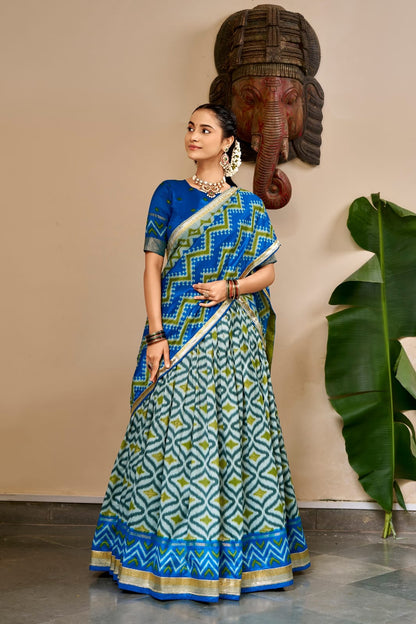 Royal Blue & Green Tasar Silk Patola Foil Print South Indian Half Saree Set