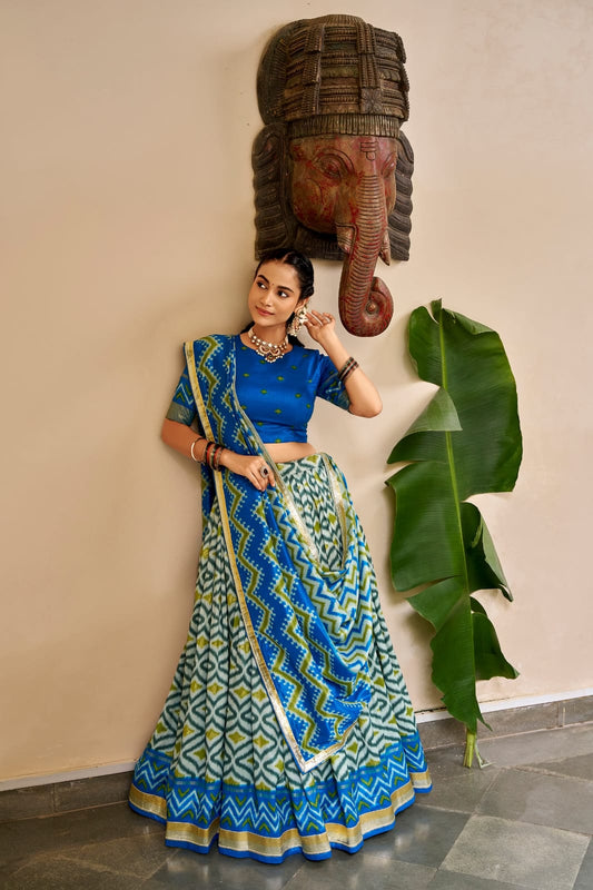 Royal Blue & Green Tasar Silk Patola Foil Print South Indian Half Saree Set