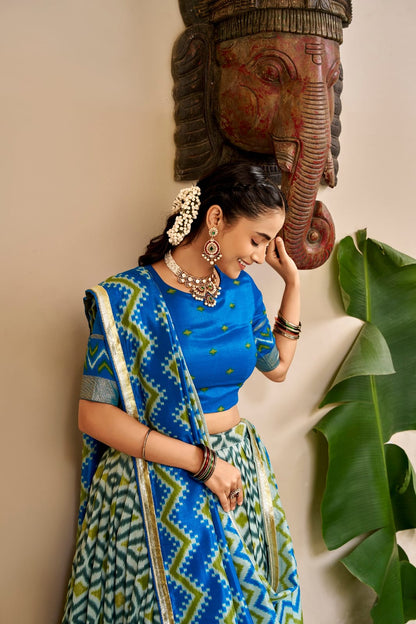 Royal Blue & Green Tasar Silk Patola Foil Print South Indian Half Saree Set