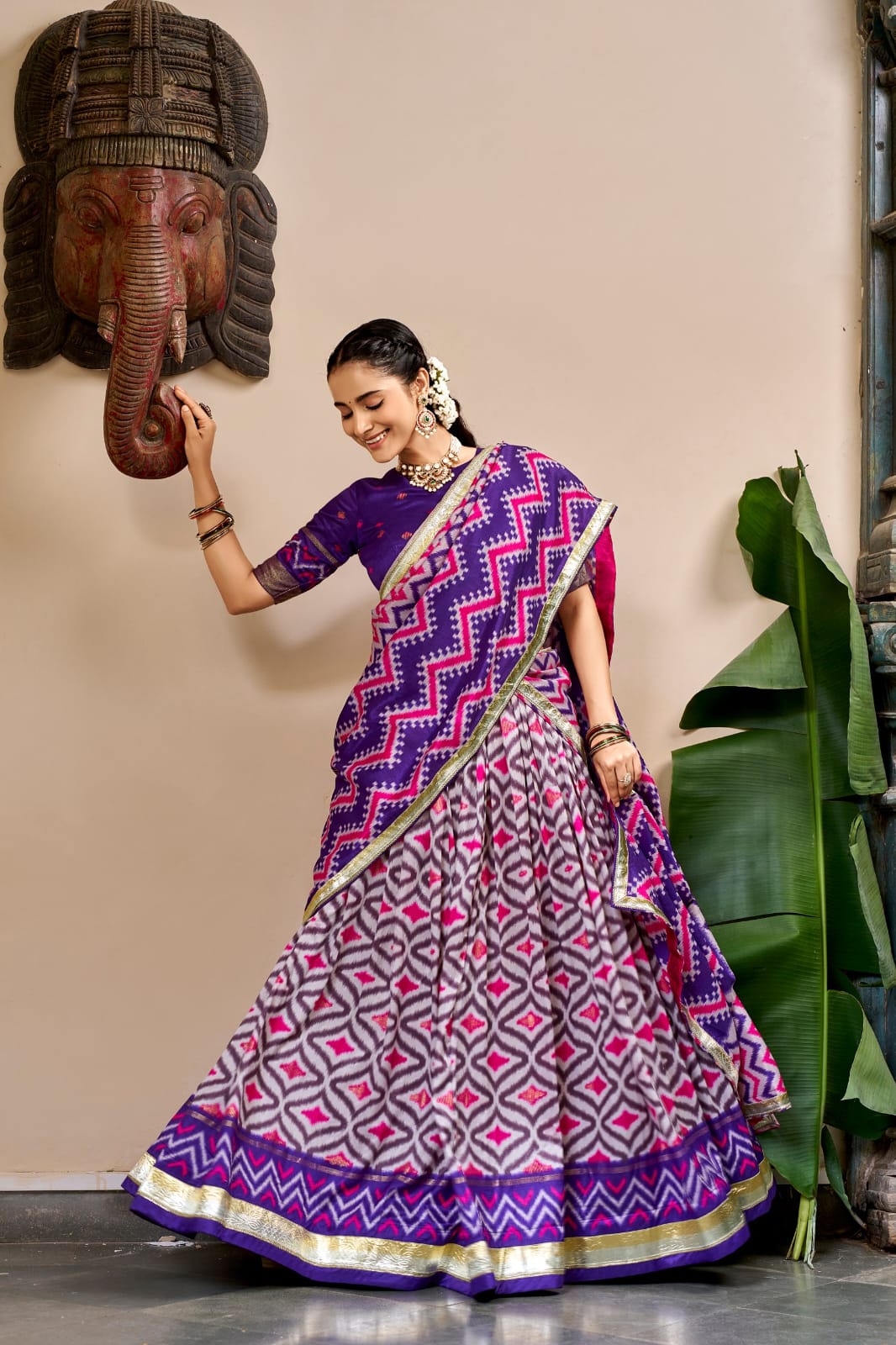 Purple Color Tasar Silk Patola Ikat and Foil Print South Indian Half Saree Set