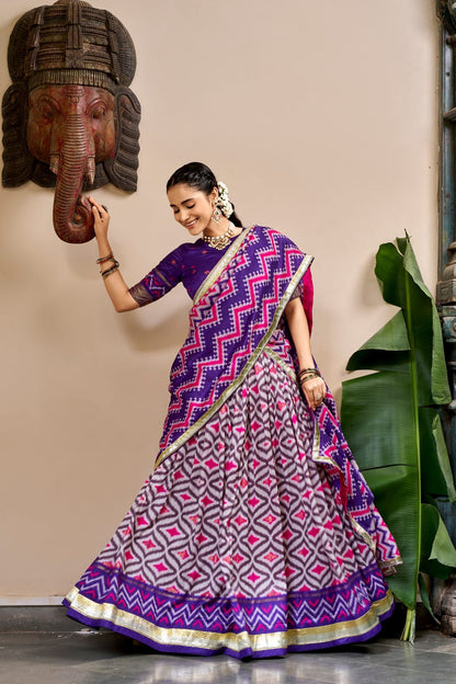 Purple Color Tasar Silk Patola Ikat and Foil Print South Indian Half Saree Set