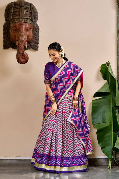 Purple Color Tasar Silk Patola Ikat and Foil Print South Indian Half Saree Set