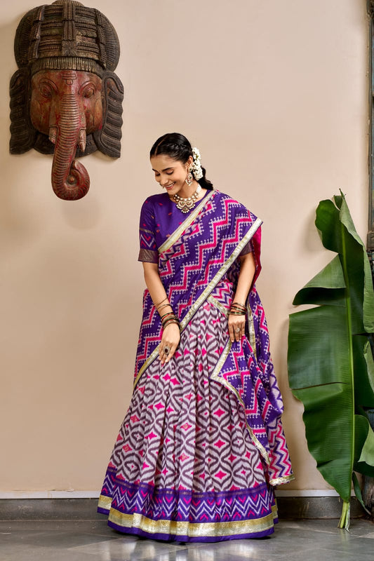 Purple Color Tasar Silk Patola Ikat and Foil Print South Indian Half Saree Set
