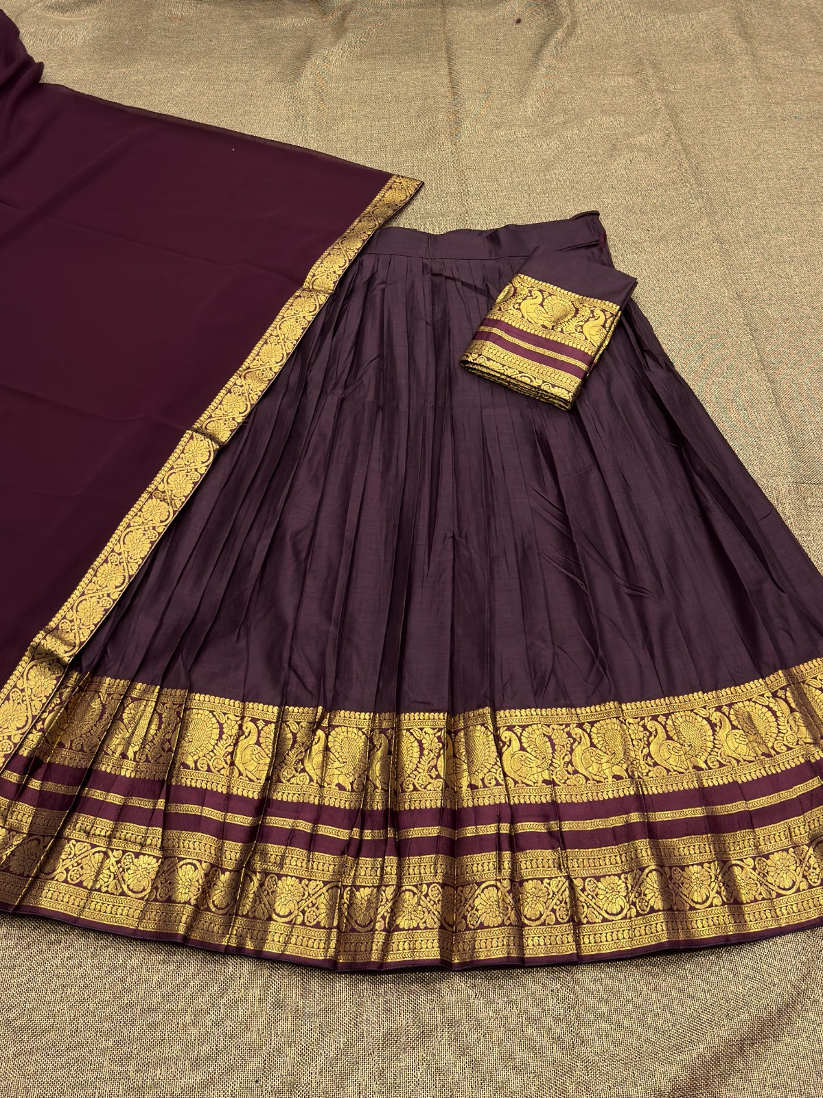 Wine color South Indian Kanchi Cotton Half Saree Lehenga Choli Set