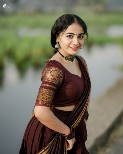 Wine color South Indian Kanchi Cotton Half Saree Lehenga Choli Set