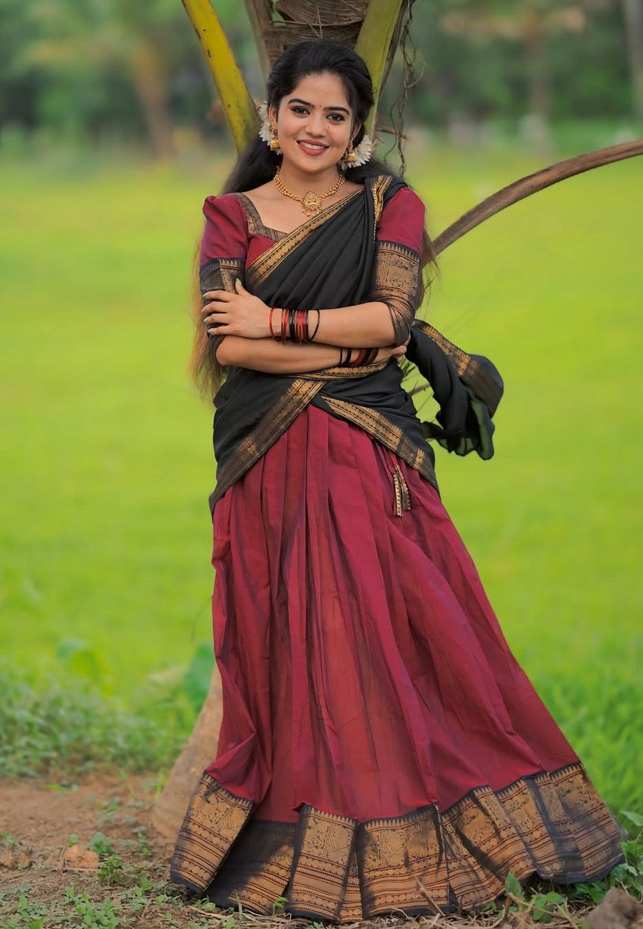 South Indian Kanchi Cotton Half Saree Lehenga Choli Set