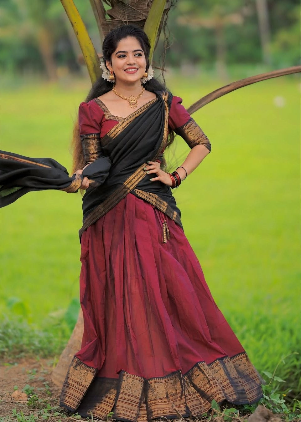 South Indian Kanchi Cotton Half Saree Lehenga Choli Set