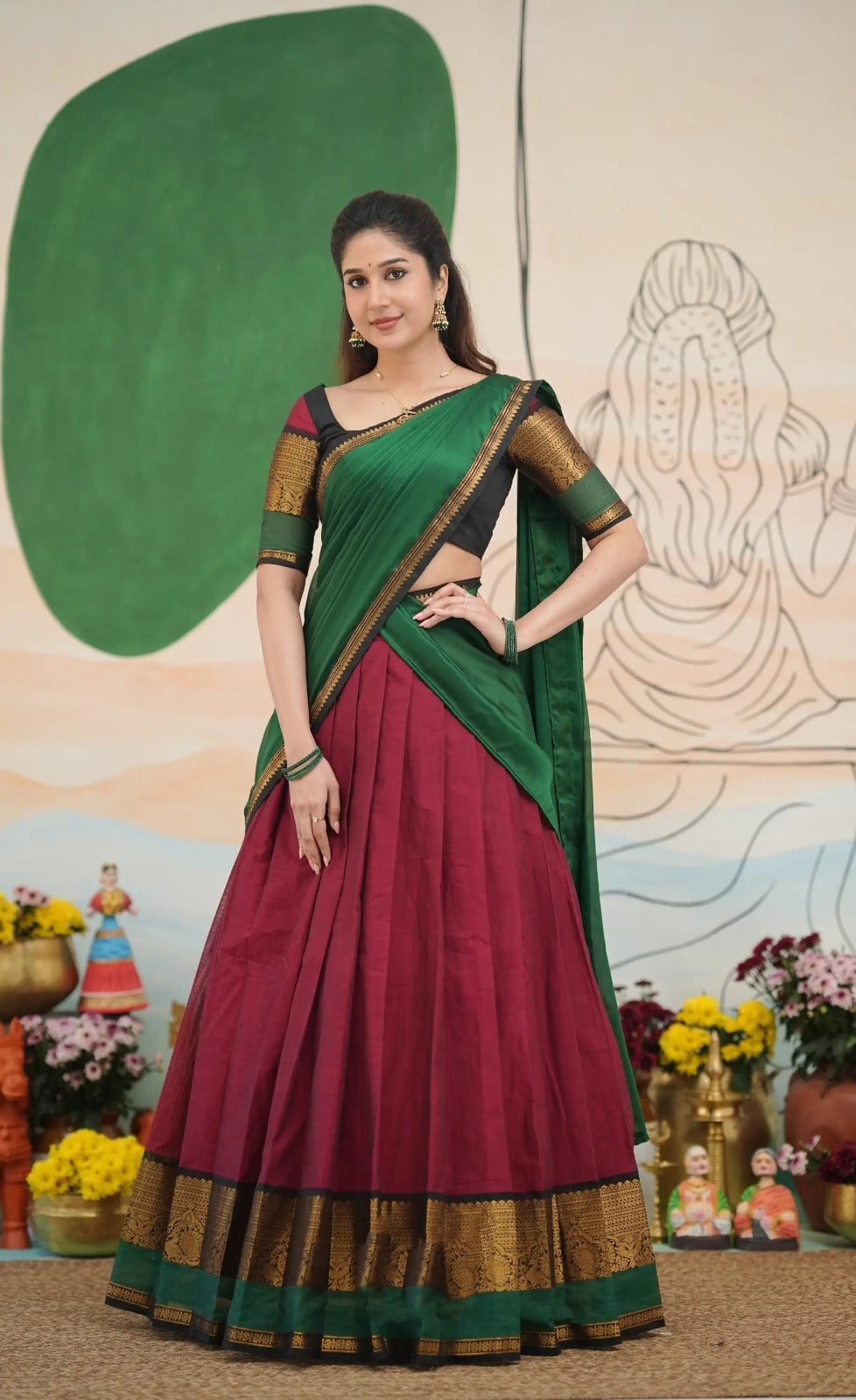 South Indian Kanchi Cotton Half Saree Lehenga Choli Set