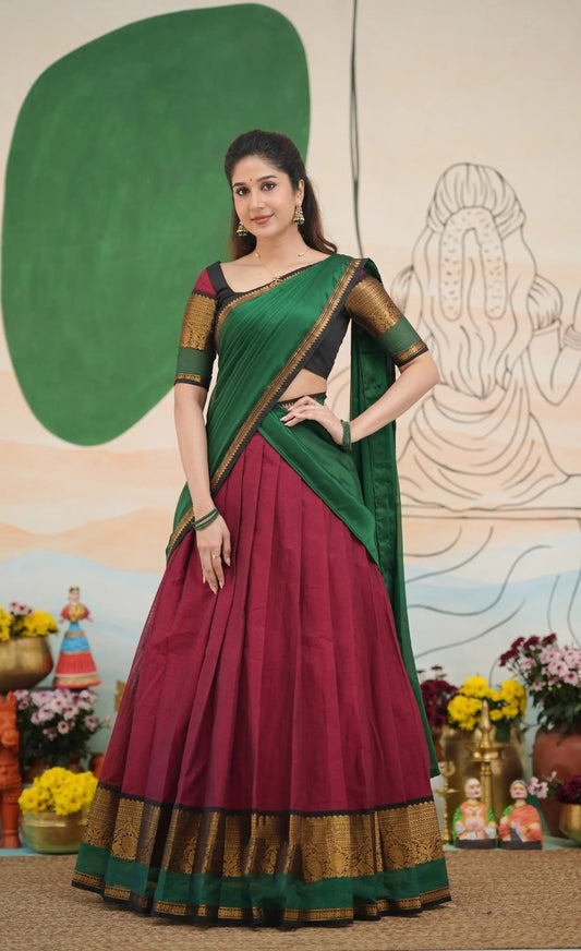 South Indian Kanchi Cotton Half Saree Lehenga Choli Set