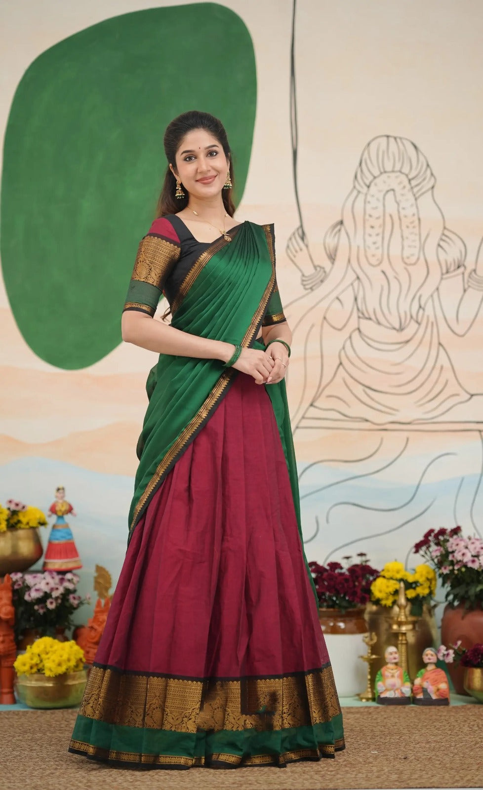 South Indian Kanchi Cotton Half Saree Lehenga Choli Set