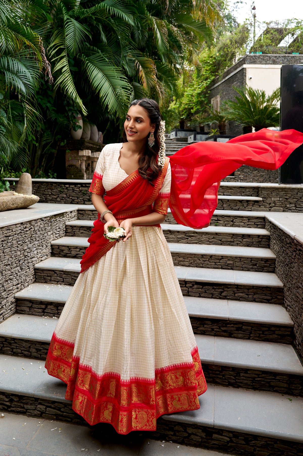 White & Red Poly Cotton South Indian Half Saree Lehenga Set