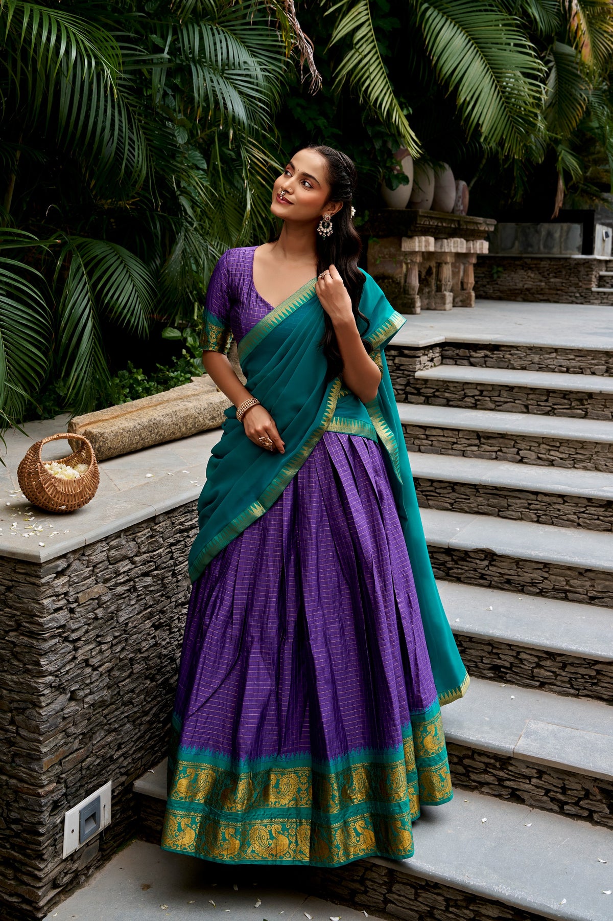 Purple & Firozi Poly Cotton South Indian Half Saree Lehenga Set