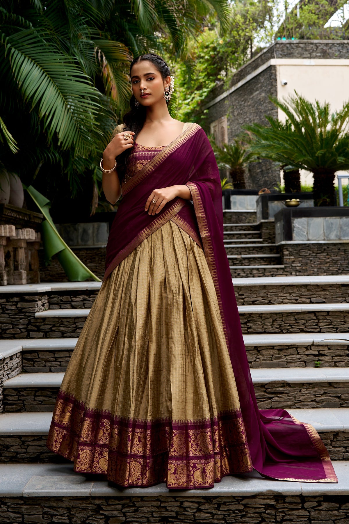 Beige & Wine Poly Cotton South Indian Half Saree Lehenga Set