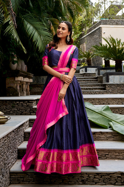 Blue & Hot-Pink Poly Cotton South Indian Half Saree Lehenga Set