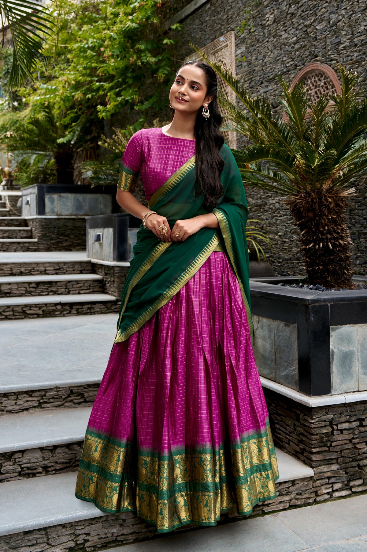 Magenta Pink & Green Poly Cotton South Indian Half Saree Lehenga Set