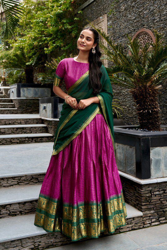 Magenta Pink & Green Poly Cotton South Indian Half Saree Lehenga Set