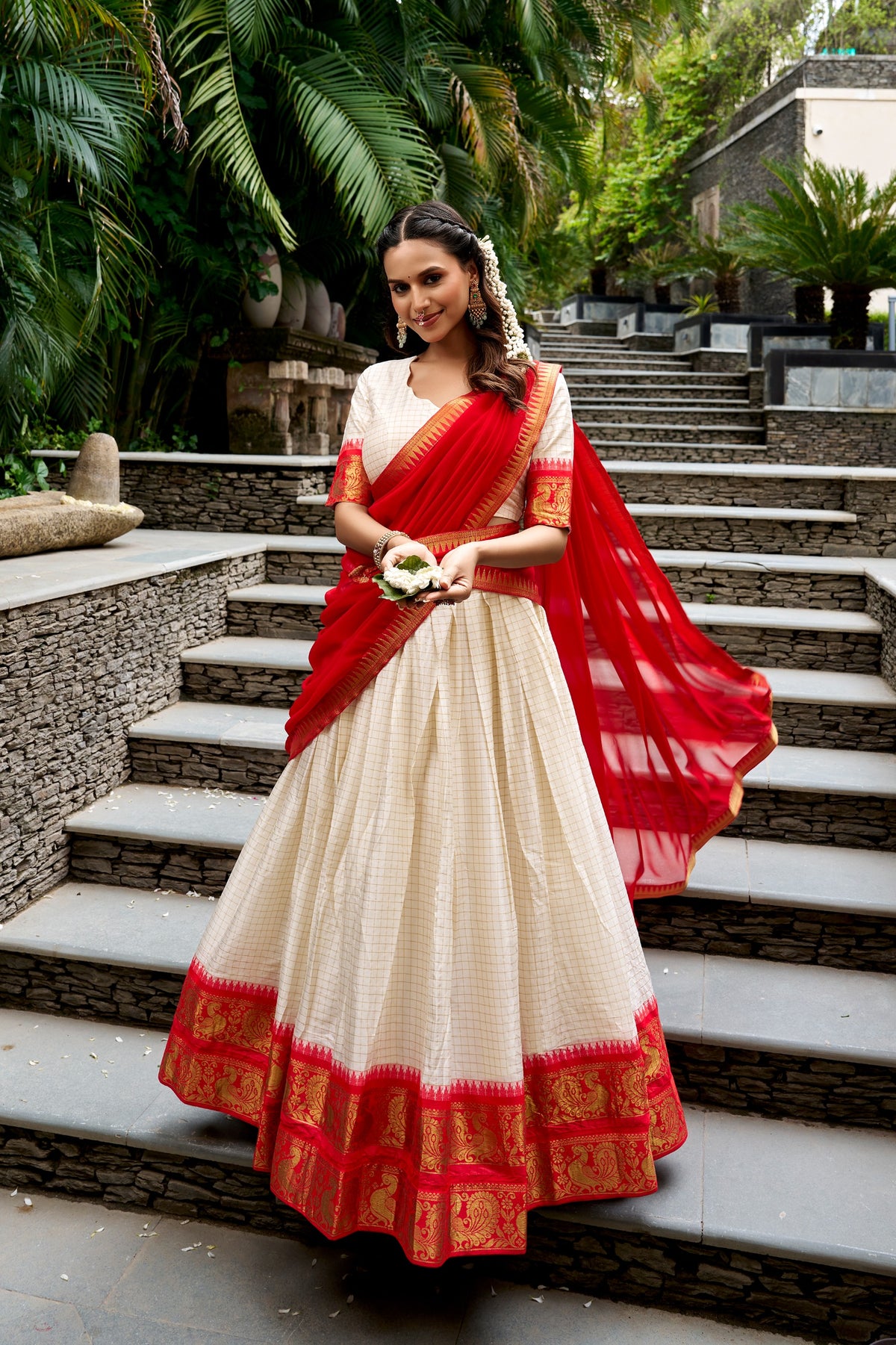 White & Red Poly Cotton South Indian Half Saree Lehenga Set