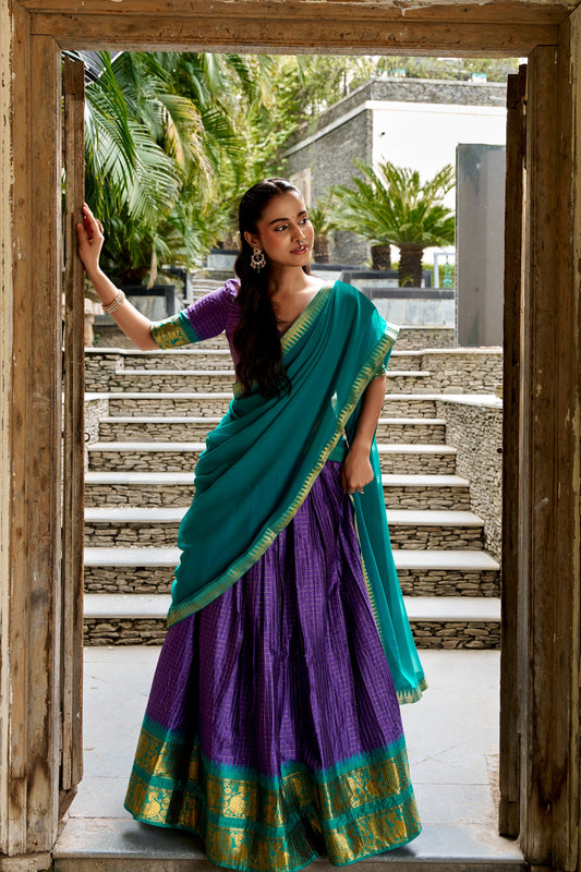 Purple & Firozi Poly Cotton South Indian Half Saree Lehenga Set