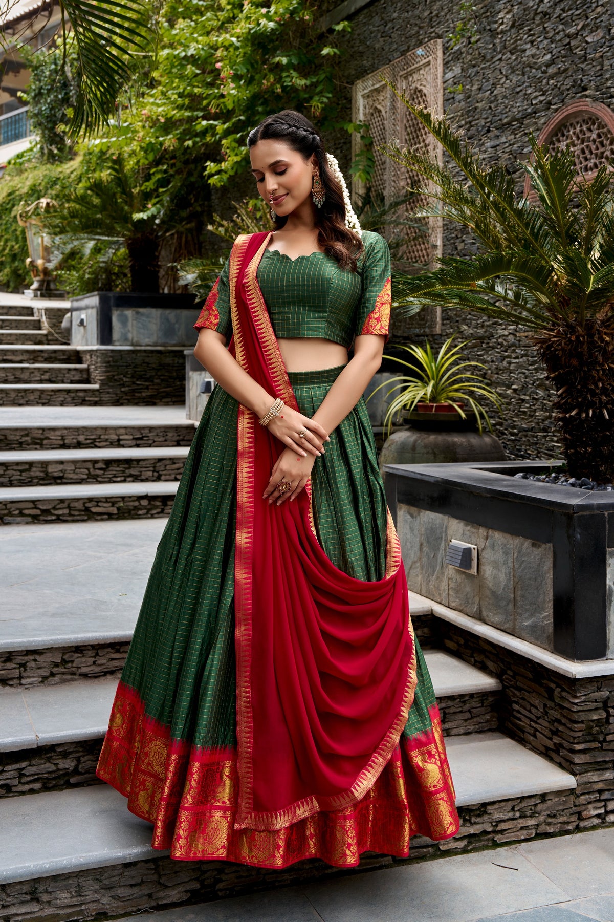 Green & Red Poly Cotton South Indian Half Saree Lehenga Set