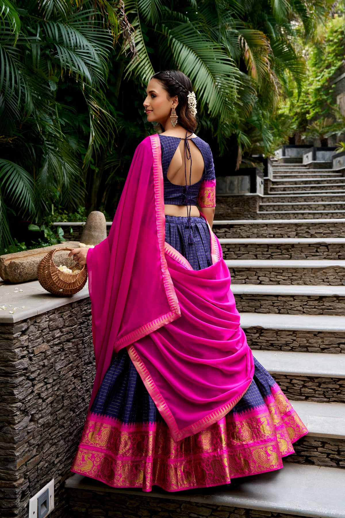 Blue & Hot-Pink Poly Cotton South Indian Half Saree Lehenga Set