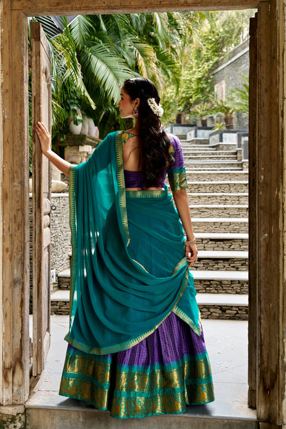 Purple & Firozi Poly Cotton South Indian Half Saree Lehenga Set