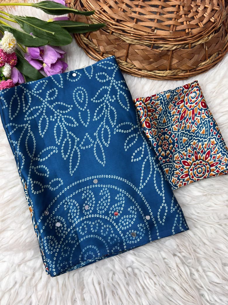 Premium Satin Silk Printed Saree with Mirror Work, Blouse & Tassels