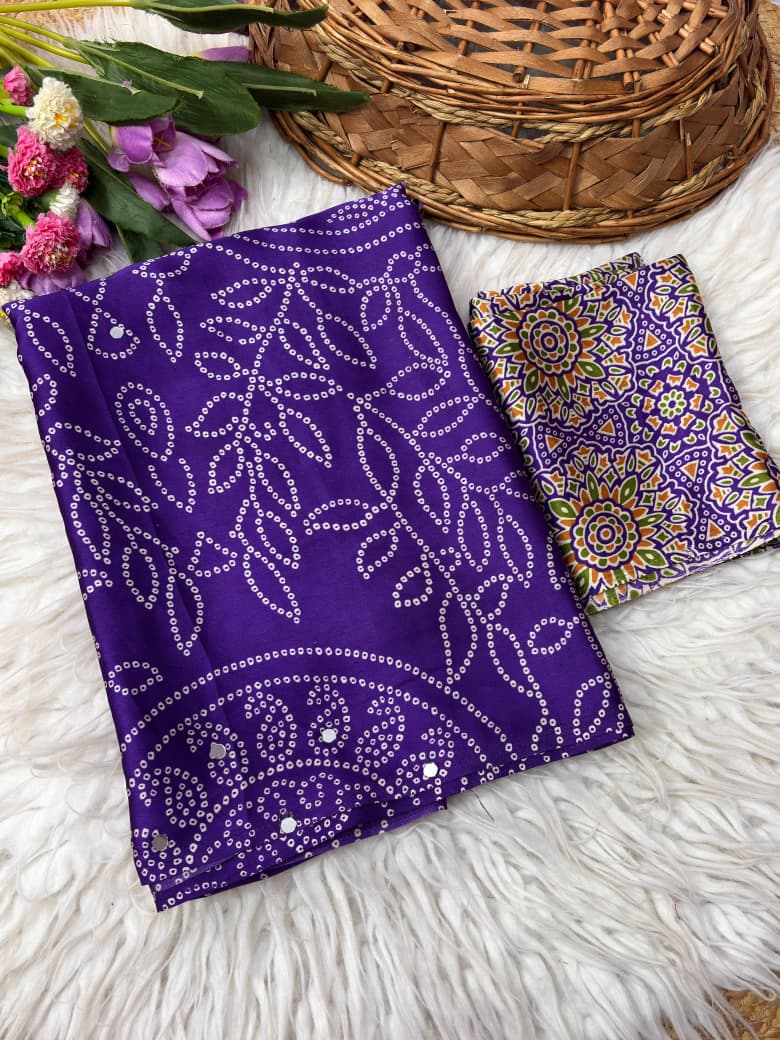 Premium Satin Silk Printed Saree with Mirror Work, Blouse & Tassels