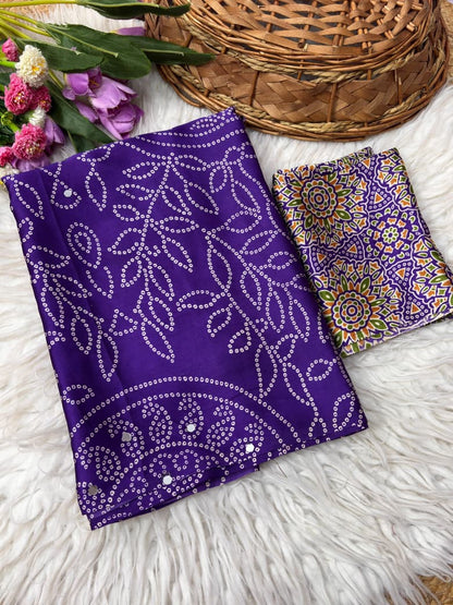 Premium Satin Silk Printed Saree with Mirror Work, Blouse & Tassels