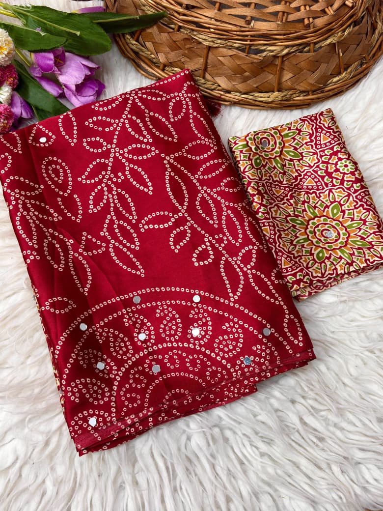 Premium Satin Silk Printed Saree with Mirror Work, Blouse & Tassels