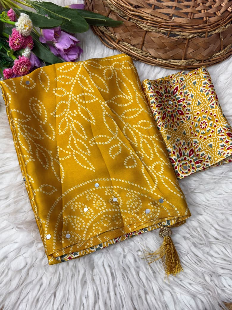 Premium Satin Silk Printed Saree with Mirror Work, Blouse & Tassels