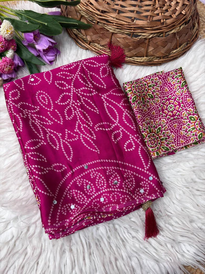 Premium Satin Silk Printed Saree with Mirror Work, Blouse & Tassels