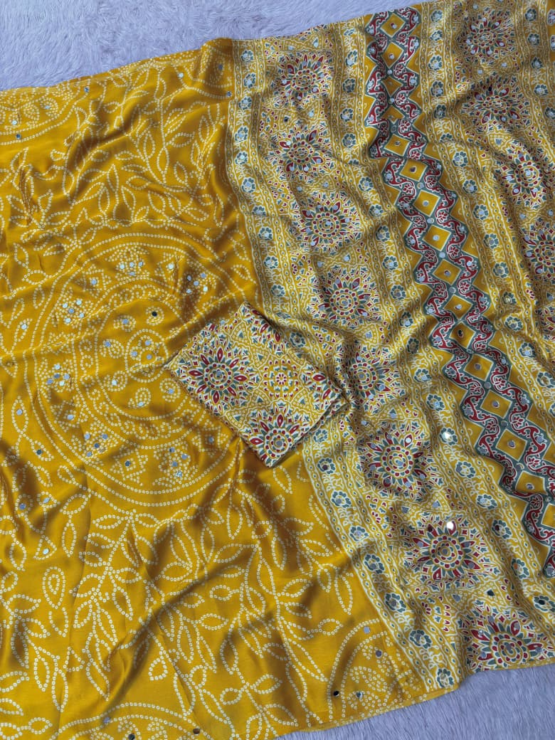 Premium Satin Silk Printed Saree with Mirror Work, Blouse & Tassels