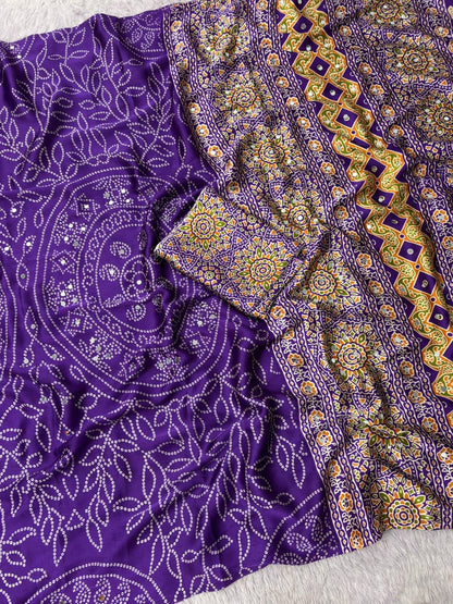 Premium Satin Silk Printed Saree with Mirror Work, Blouse & Tassels