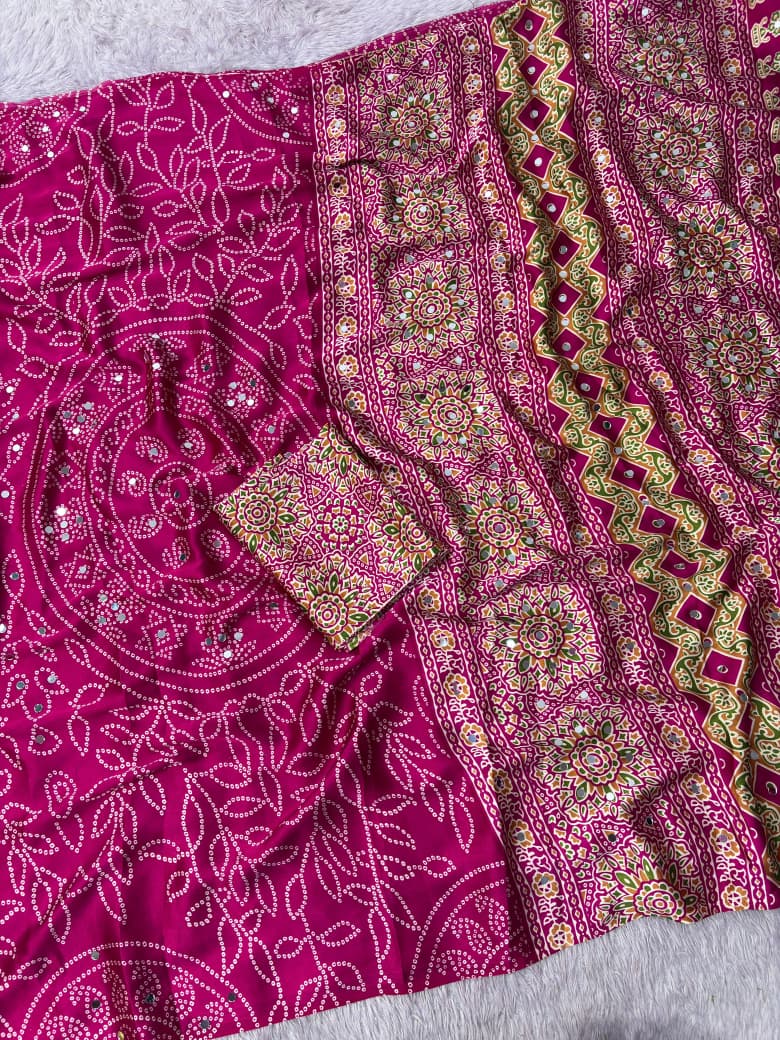 Premium Satin Silk Printed Saree with Mirror Work, Blouse & Tassels