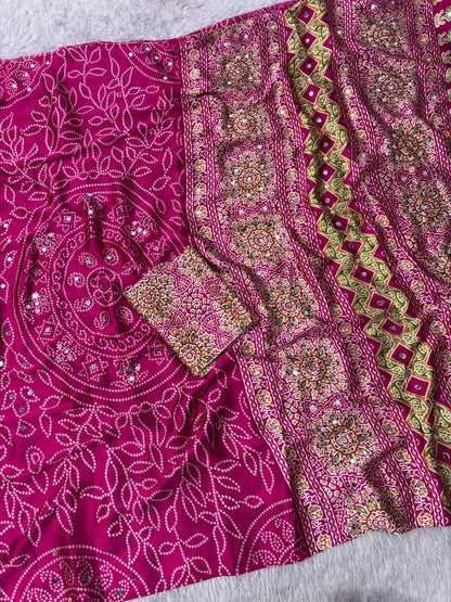Premium Satin Silk Printed Saree with Mirror Work, Blouse & Tassels