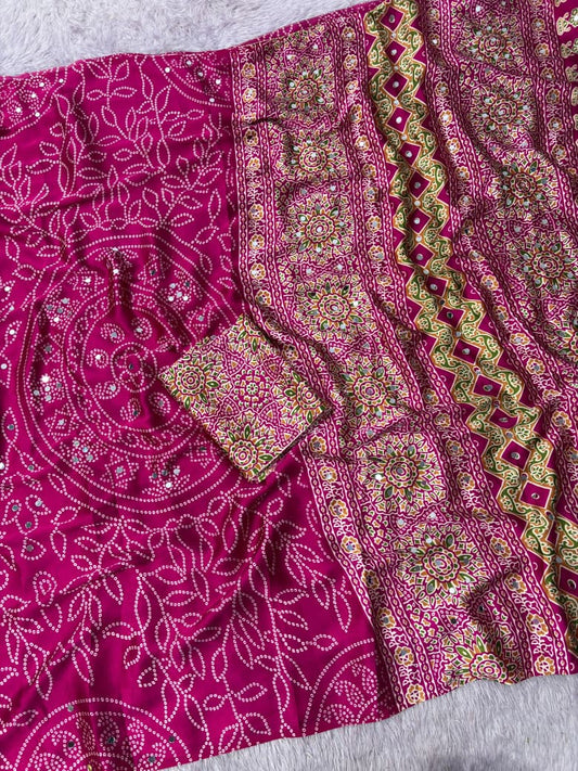 Premium Satin Silk Printed Saree with Mirror Work, Blouse & Tassels