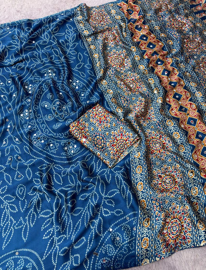 Premium Satin Silk Printed Saree with Mirror Work, Blouse & Tassels