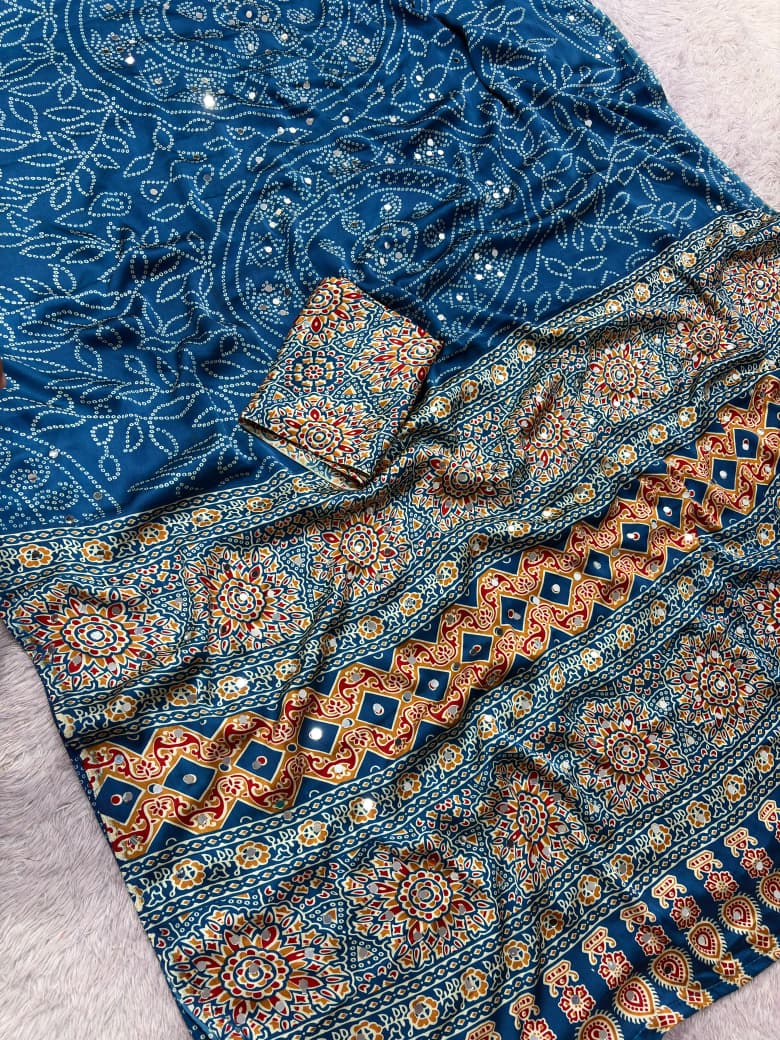 Premium Satin Silk Printed Saree with Mirror Work, Blouse & Tassels