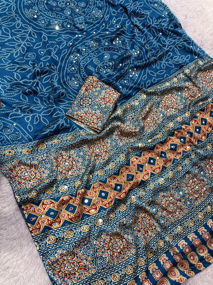 Premium Satin Silk Printed Saree with Mirror Work, Blouse & Tassels