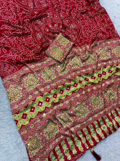 Premium Satin Silk Printed Saree with Mirror Work, Blouse & Tassels
